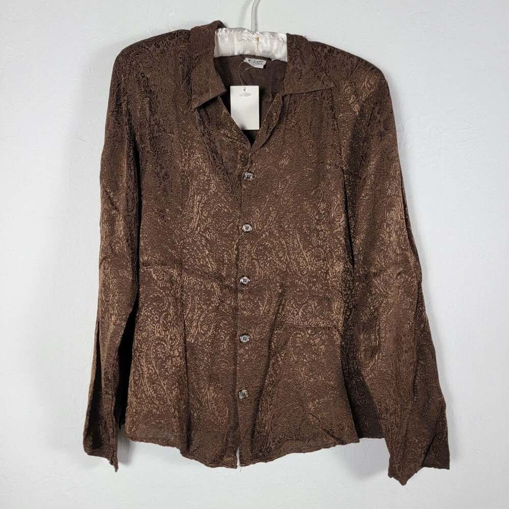 CP Shades Womens Jacquard Paisley Button-Up Shirt Small Brown Long Sleeve New